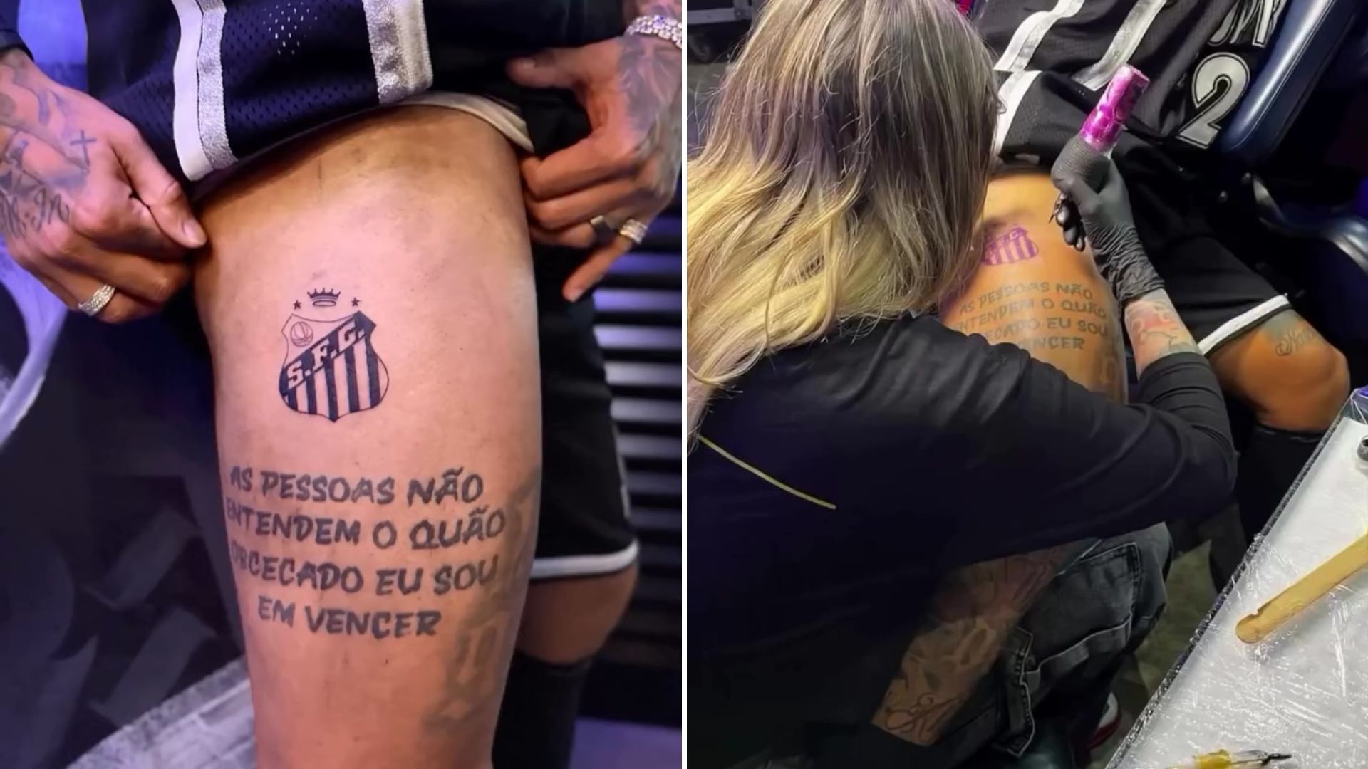 Neymar tatua escudo do Santos na perna; confira vídeo