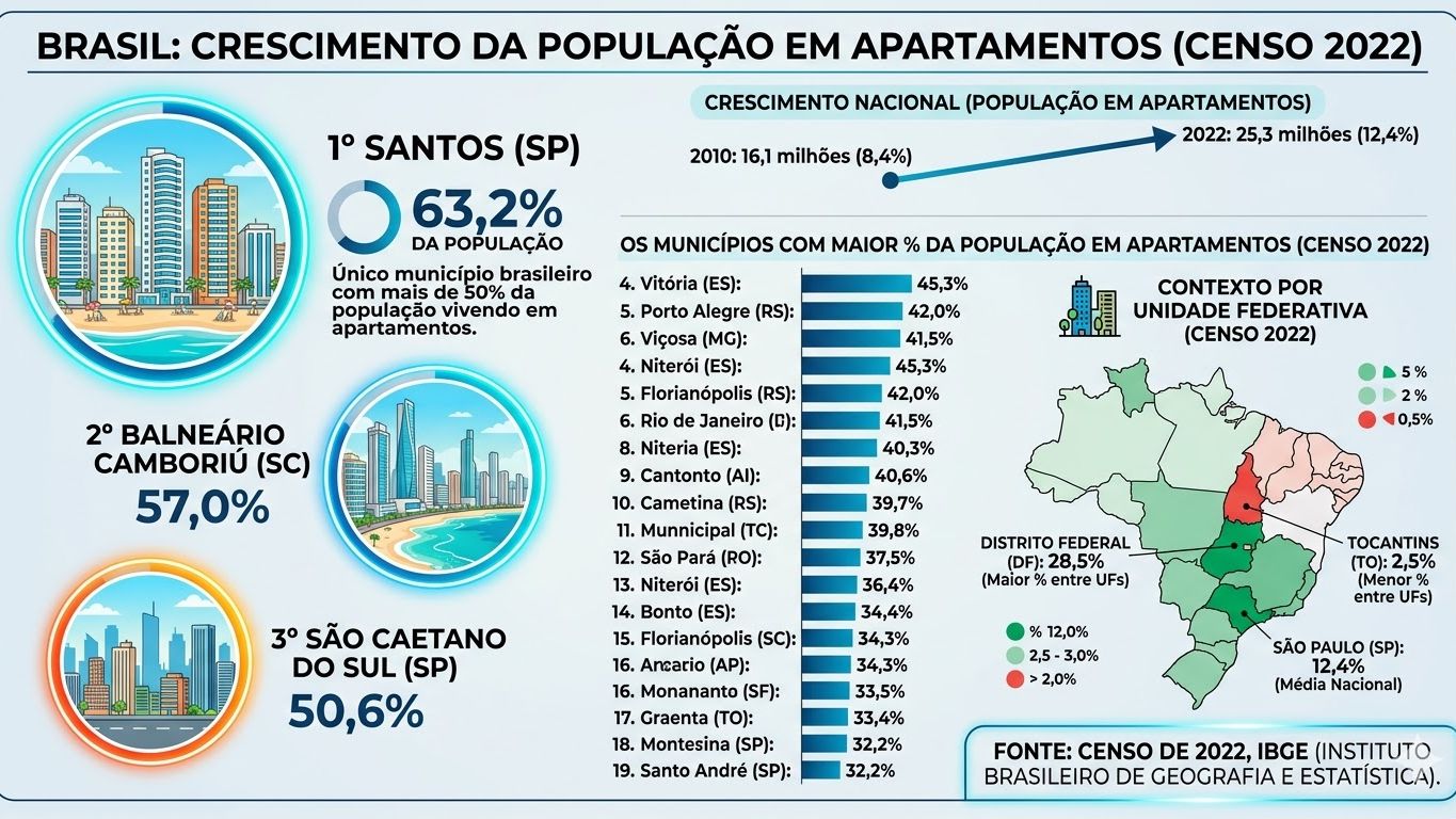 Cidade do litoral de SP é a única do país onde maioria vive em apartamentos