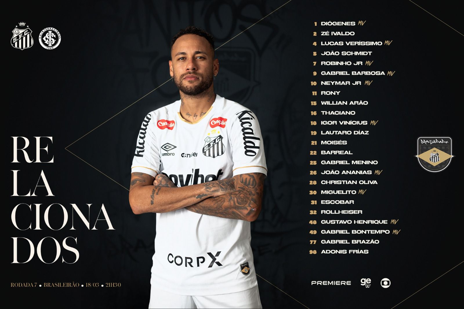 Robinho Jr. volta a ser relacionado pelo Santos e fica à disposição contra o Internacional