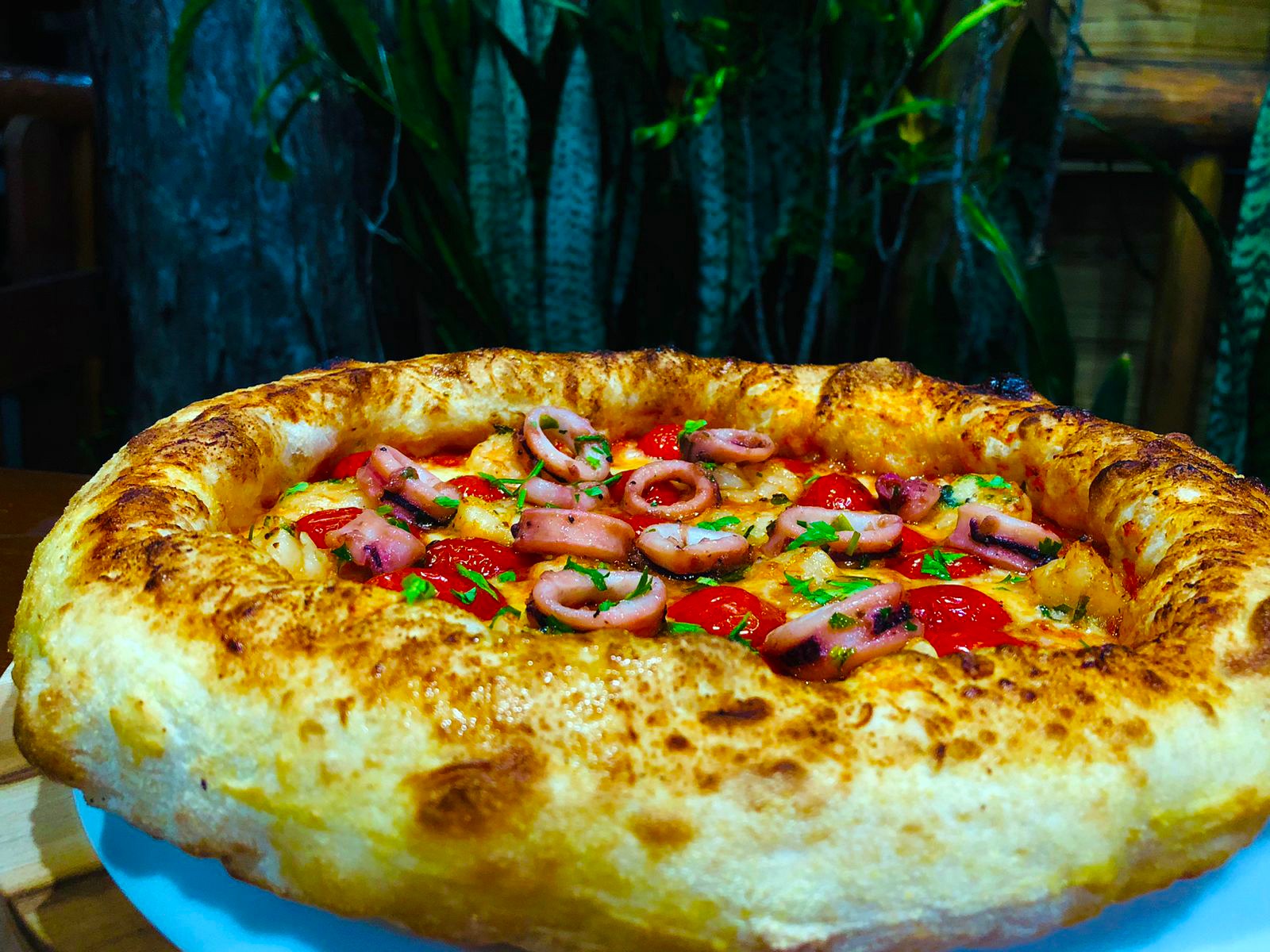 Pizza feita com lula e camarão