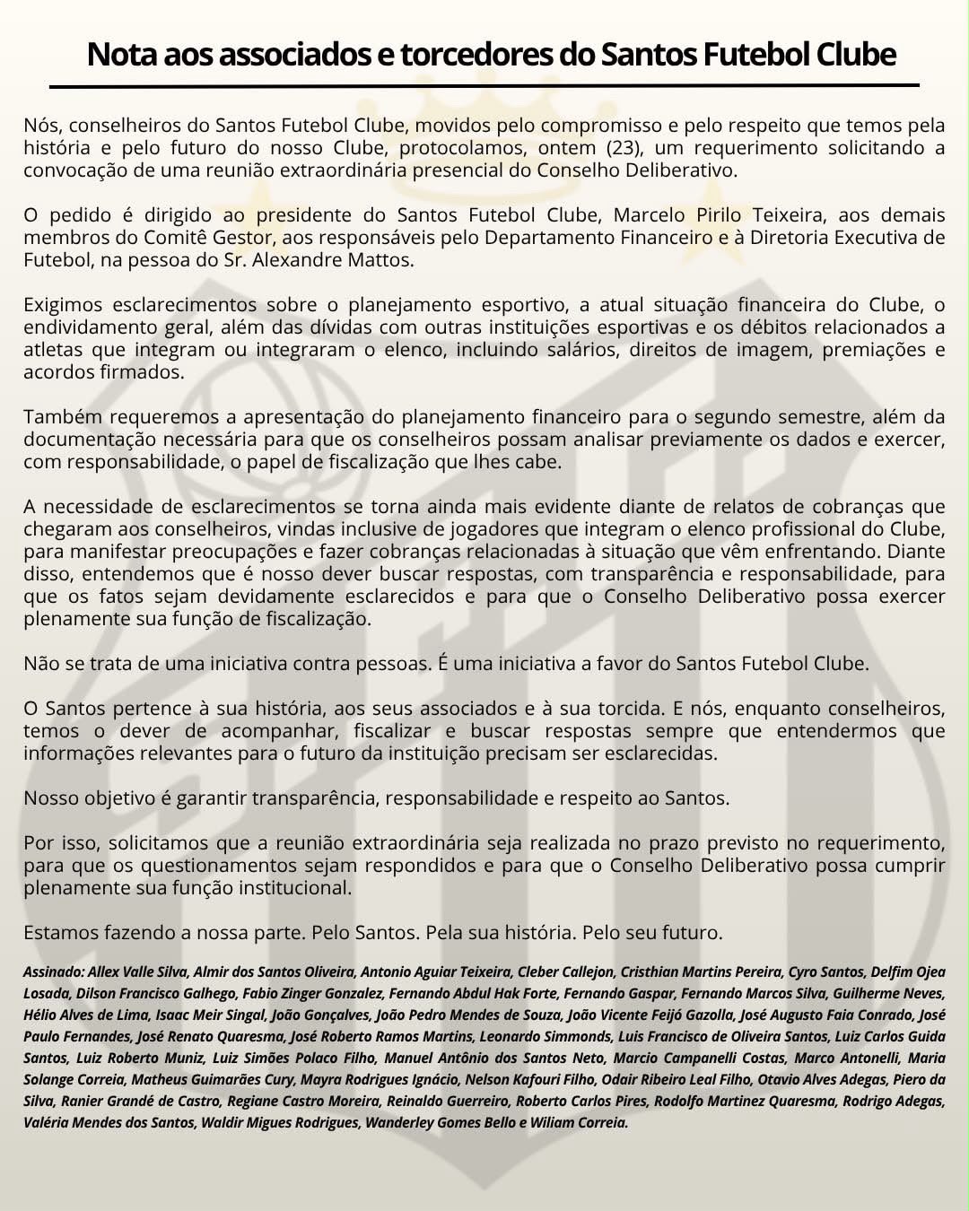 Nota dos conselheiros divulgada nas redes sociais