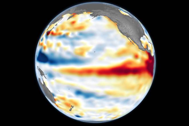 Imagem do El Niño captada pelo NASA Earth Observatory/Copernicus Sentinel, com processamento da ESA e NASA/JPL-Caltech.