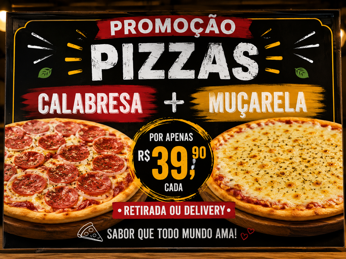Cartaz mostra promoção das pizzas de muçarela e calabresa