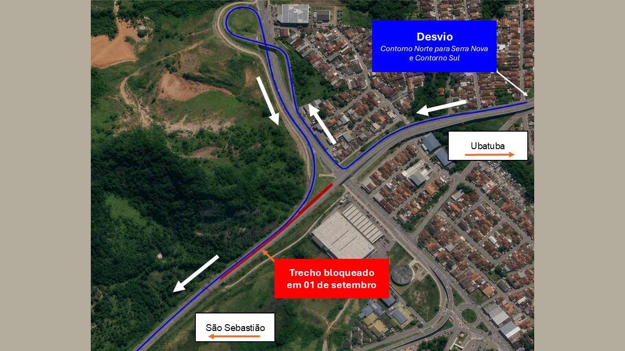 Imagem de mapa da rodovia dos Tamoios com indicações de desvios