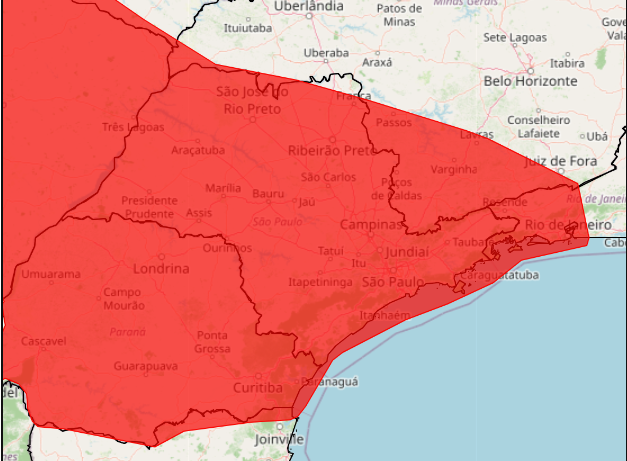vermelho representa o nível de "Grande Perigo" no aviso emitido pelo Inmet