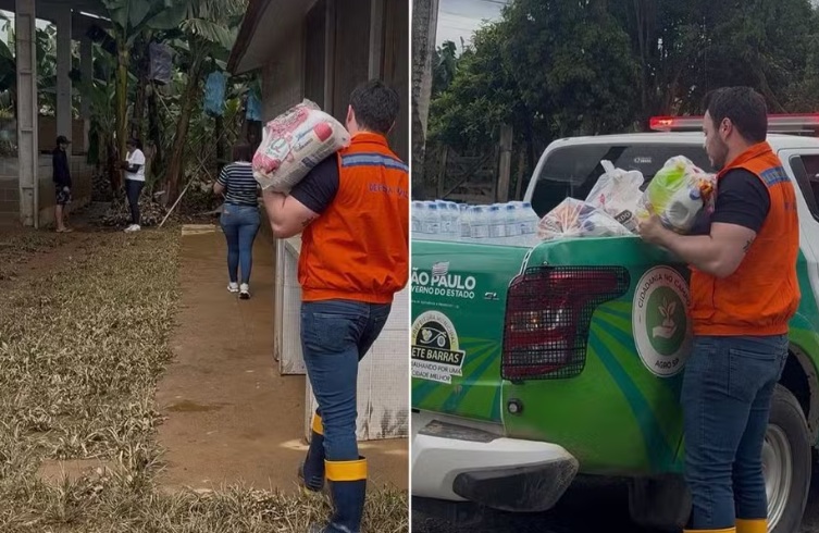 imagem de agentes da defesa civil entregando doações