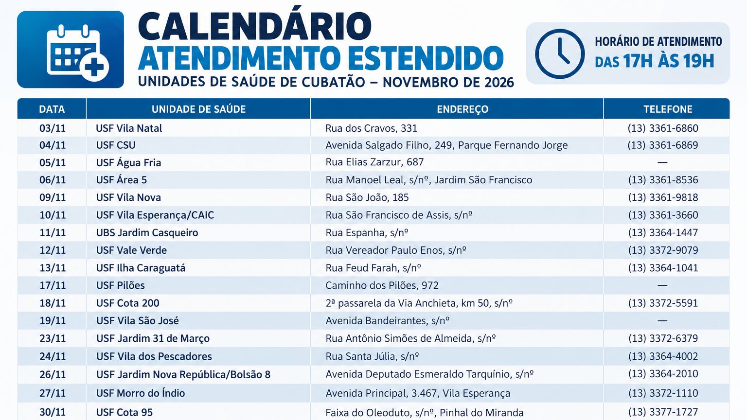 Calendário de horário estendido na saúde de Cubatão